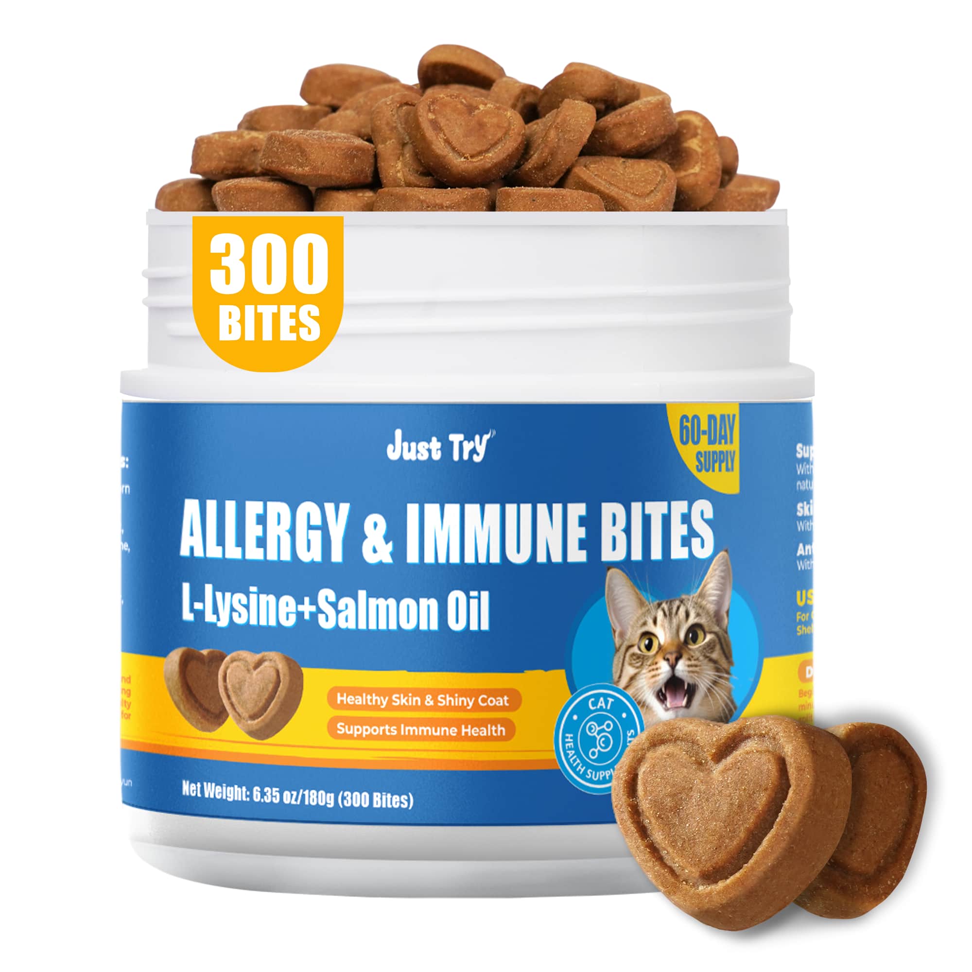 JUSTTRY Cat Allergy & Immune Bites Cat Supplements – Chicken Flavor with L-Lysine For Cats for Itchy Skin Relief & Immune Support, 6.35oz, 300 BitesJust Try